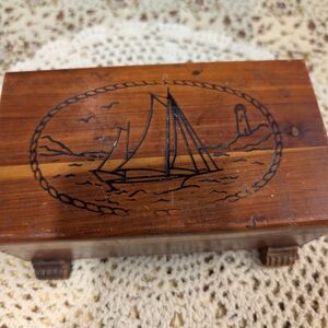 Wooden Box with Sailboat Design Vintage